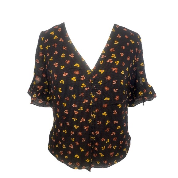 Madewell Tops - Women’s Madewell Silk Daylight Feline Floral Shirred Ruffle Black Lined Top Sz 4
